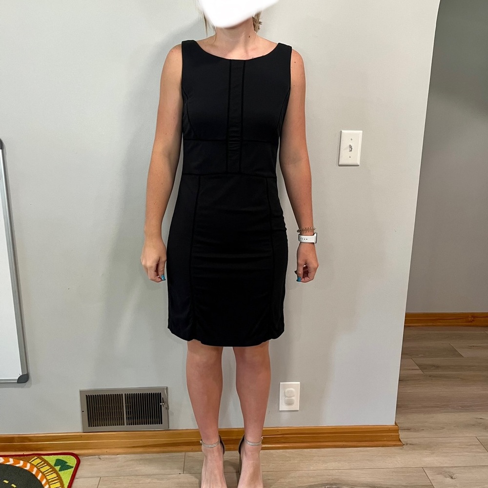 Ann Taylor black dress with embroidered piping